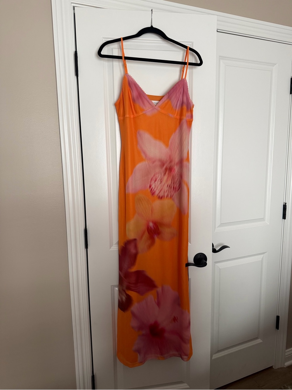 Hello Molly Orange Maxi Slip Dress with Pink Floral Accents